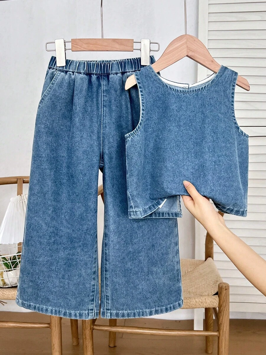 SHEIN 2件套女童蓝色牛仔宽松圆领背心和裤子 - 淺色水洗藍 - 查看 1