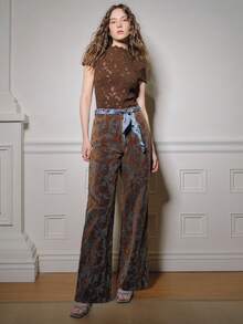 Anewsta 棕色优雅修身钩针镂空高领短袖女式T恤 - 棕色 - 查看 5