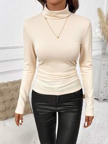 SHEIN Clasi Camiseta de manga larga con cuello alto, ajustada y fruncida, térmica para mujer - Albaricoque - Ver 3