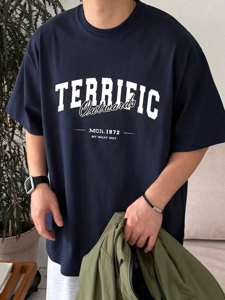 Men's Letter Print Blue Round Neck Short Sleeve T-Shirt, Summer