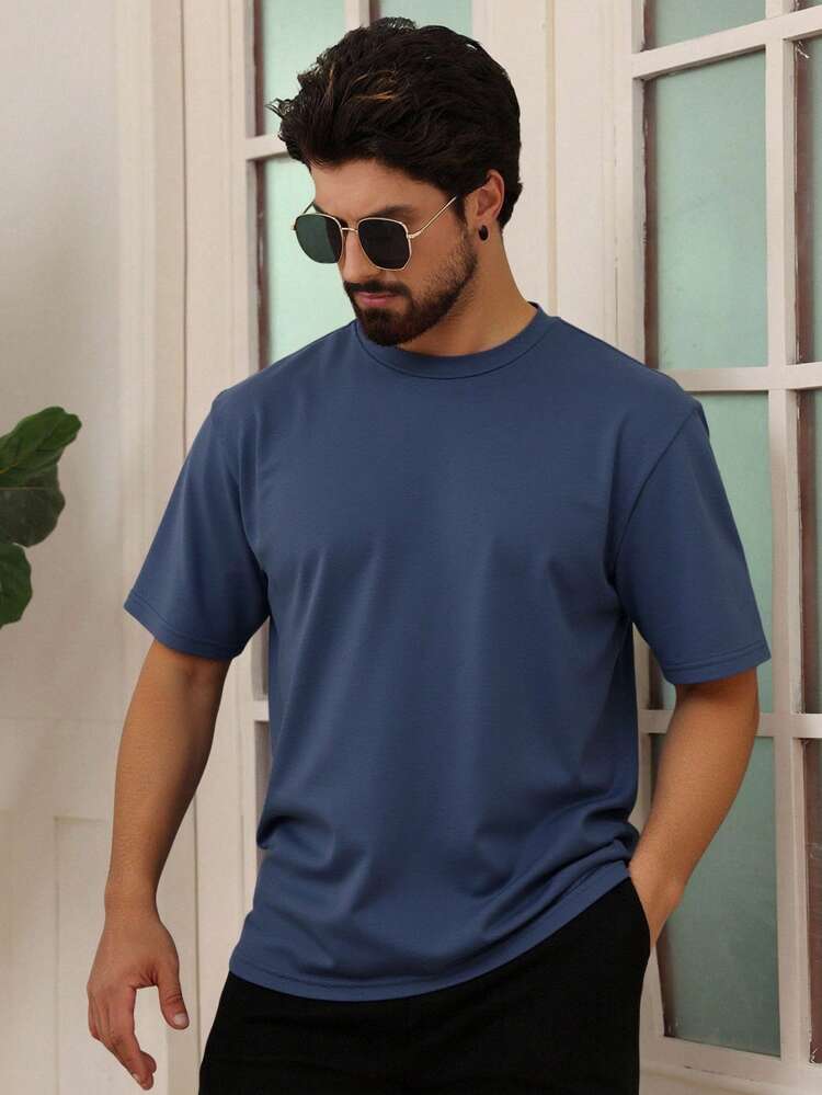 Men's Solid Crew Neck T-Shirt, Navy Blue, Summer