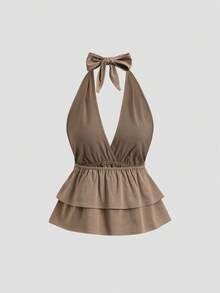Sweetra Petite Bộ đồ nữ màu cà phê gồm áo cổ yếm chữ V buộc dây sau lưng và quần ống loe thoải mái thời trang, thích hợp cho mùa xuân/hè. - Cà phê nâu - Xem 4