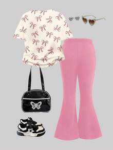 SHEIN 2pcs/Set Young Girl Cute Cartoon Cat&Leopard Bow Print Round Neck Short Sleeve Top&Flare Pants Set,Casual Comfortable Summer School Outfits,Holidays - Multicolor - View 2