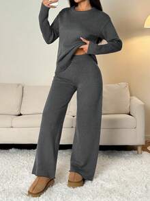 SHEIN PETITE Women Solid Color Crew Neck Long Sleeve Sweater And Long Pants Casual Regular Outfit, Autumn/Winter - Grey - View 11