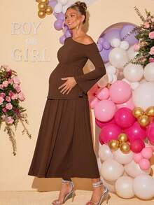 Loomaby 2pcs Maternity Elegant Party Solid Color Asymmetric Neck Top And Skirt Set Dress Gender Reveal Dress Maternity Dress Baby Shower Dress Brown Maternity Dress Long Brown Dress Pregnancy Dress For Photoshoot Chocolate Brown Dress Dress For Pregnant Woman - Coffee Brown - View 5
