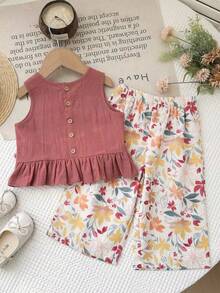 LMoss Kids 女婴纯色梭织背心搭配印花长裤套装 - 彩色 - 查看 7