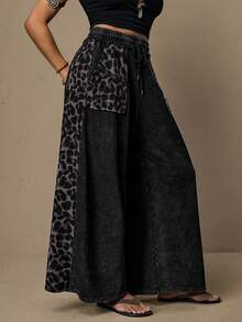 Freevana Plus Size Leopard Print Patchwork Vintage Distressed Casual Wide Leg Boho Pants - Black - View 5