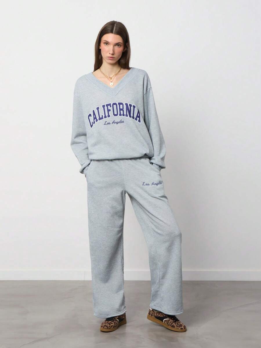 SURIMA 2pcs  Grey Women Oversized V-Neck Fluffy Fleece Elastic Loose Sweatshirt And Sweatpants Set, Autumn/Winter - Light Grey - View 1