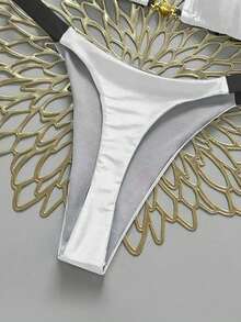 Swim Vcay Women's 2 Pieces Shell Decor Tie-Up Contrast Color Halter Bikini Set, Summer Beach Vacation - White - View 6