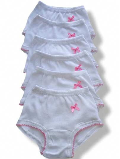 calzon 6 piezas pantaleta para niña liso con moño rosa color blanco con terminado rosa 100% algodon Calzón para niña colores algodón 6 piezas cómodos y suaves para uso diario color blanco (pantaleta de niña liso blanco , picueta)