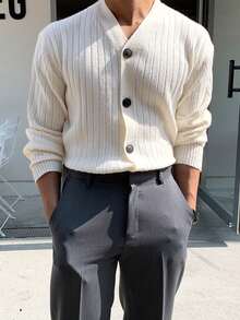 DAZY Apricot V-Neck Men's Long Sleeve Single-Breasted Knitted Cardigan, Autumn - Apricot - View 4