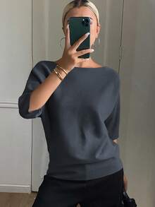 DAZY 女士纯色修身船领半袖休闲优雅针织上衣，秋冬款 - 深灰色 - 查看 3