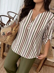 Breezaya 2pcs/Set Plus Size Women Notched Collar Buttoned Sleeve Contrast Color Floral Print Suit Fall - Multicolor - View 6