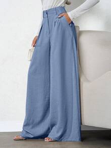 SHEIN Tall Women Beige Deep Pleated Linen Pants - Blue - View 4