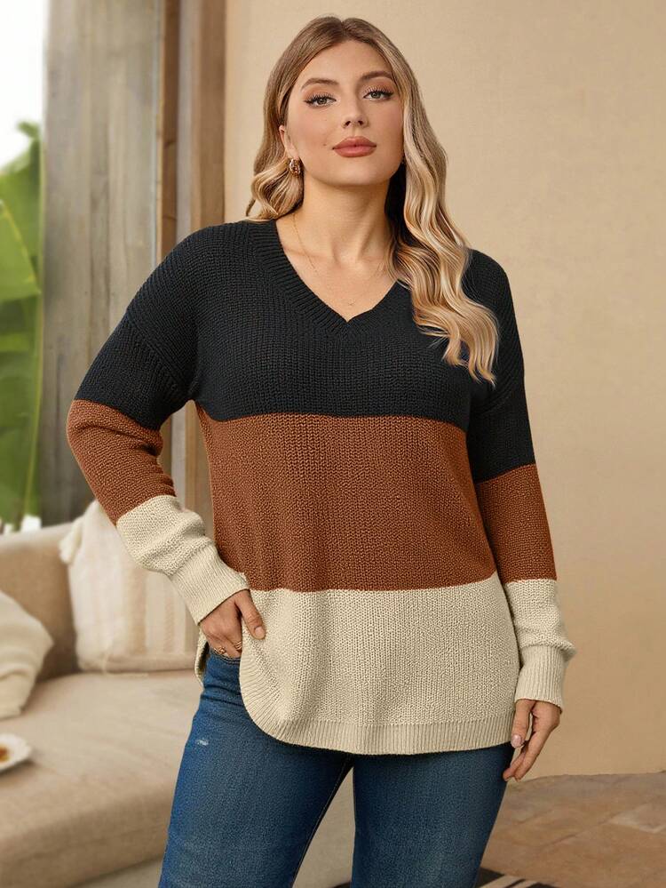 Plus Size Colorblock Patchwork Knit Sweater, Casual For Autumn/Winter