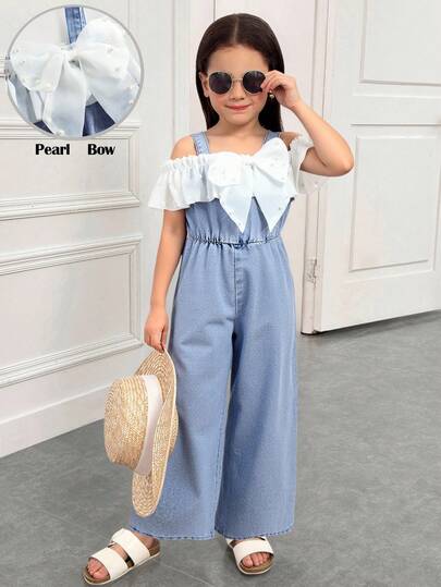 Young Girl' Lightweight White Tulle Bow Pearl Decor Blue Denim Jumpsuit,Summer Outfits,Casual And Fashionable Vacation Outfits,Street Wear,2000s Style ,Comfortable And Soft Denim,Comfortable And Soft Denim Jumpsuit