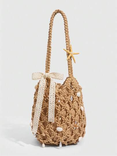 Fairycore 1pc Fashionable Personalized Spring/Summer Beach Vacation Style Orange Ocean Woven Beach Bag, Large Size Women Handbag(The Pendant Is In A Separate Package And Can Be Freely Customized For Decoration)