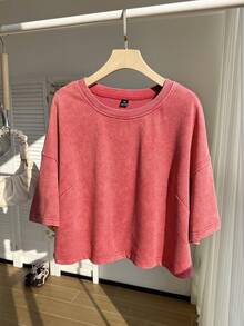 Comfortcana Spring Cotton Washed Snow Flake Print Plus Size Red Short Sleeve T-Shirt - Red - View 5