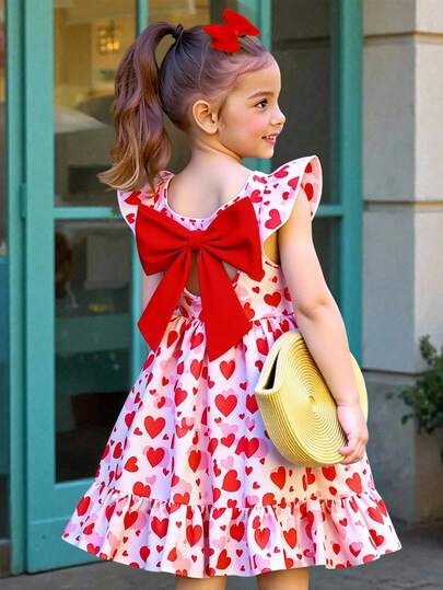 Elladie kids Vestido casual elegante para niñas con estampado de corazón rojo, cuello redondo, mangas abullonadas, espalda hueca, decoración de lazo en la cintura y volantes en el bajo, adecuado para vacaciones, viajes, verano y Día de San Valentín