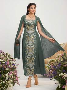 Al Najma 女士优雅印花方领斗篷袖收腰阿拉伯风格连衣裙 - 綠色 - 查看 1
