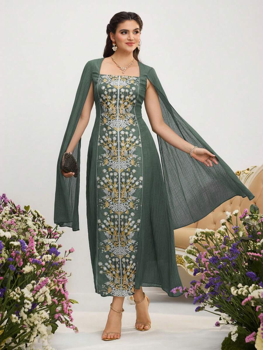 Al Najma 女士优雅印花方领斗篷袖收腰阿拉伯风格连衣裙 - 綠色 - 查看 1