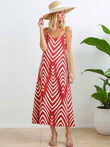 Vestido casual de mujer con diseño a rayas,Vestidos larga con cuello V Y corte evasé - Rojo - Ver 1