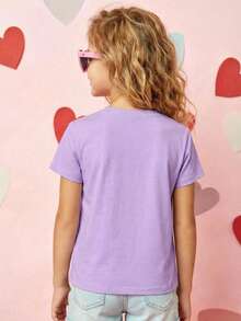 Niña camiseta casual diseño LOVE corazón estampado tridimensional tejido suave ajuste regular primavera verano uso diario T‑shirt - Lila Púrpura - Ver 3