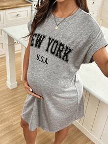 SHEIN 夏季孕妇休闲字母印花蝙蝠袖连衣裙 - 灰色 - 查看 7