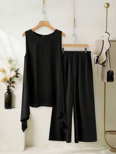 SHEIN Essnce Plus-Size Women's Spring/Summer Fashion Casual Loose Comfortable Everyday Basic Slimming Irregular Hem Long Vest And Wide-Leg Pants Black Two Pieces Set,Summer Outfits,Pants Set,Simple Style