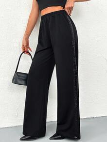 Cloudara Women's Solid Side Sequin Striped Elegant Wide Leg Good Quality Pants - Black - View 1