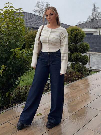 Jeta Ari Cardigan côtelé rayé à taille resserrée, long et court, automnal, douillet, mignon, décontracté, pour le café, le club, l'hiver, Noël