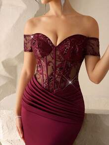 Coutiva Đây có phải là một chiếc đầm trễ vai thanh lịch với viền satin xuyên thấu, thêu sequin và kiểu dáng đuôi cá không? Thích hợp cho các sự kiện buổi tối trang trọng, tiệc cưới, lễ tốt nghiệp và các buổi tiệc chiêu đãi. - Màu Đỏ Sâu - Xem 6