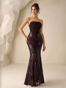Coutiva Đầm dạ hội cao cấp không dây vai, đính sequin và nhiều mảnh vải. - Cà phê nâu - Xem 5