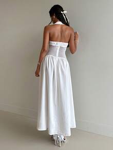 Aloruh Robe de plage, de vacances ou de rendez-vous élégante pour femmes, en tissu texturé blanc, avec un col ras-du-cou froncé et une taille attachée - Blanc - Voir 3