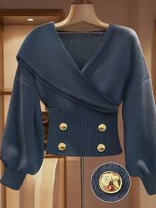 Franclia كنزة صوفية صوفية قصيرة للنساء ذوات الحجم الكبير، بياقة متقاطعة رسمية، أكمام طويلة، لون أزرق داكن، بتصميم بسيط وأزرار معدنية مزيفة، مناسبة للخريف والشتاء - أزرق بحري - مشاهدة 1