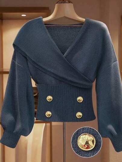 Franclia Plus Size Women's Formal Commuter Crossover Collar Long Sleeve Solid Color Minimalist Fashion Faux Placket Metal Button Short Knit Sweater, Autumn/Winter Dark Blue Top Wool Women Sweaters Navy Blue Sweater