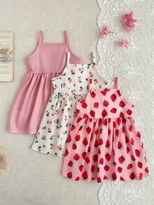 SHEIN 3件套女婴无袖连衣裙套装，弹力豹纹条纹吊带裙，适合夏季度假和派对，休闲拼接豹纹印花装饰吊带背心，中等弹力 - 粉色 - 查看 7