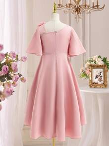 1pc Tween Girl Dusty Pink Elegant Wedding Party Dress,Summer 3D Floral Embroidered Flare Sleeve Fashion Solid Color Dress For Formal Events,Daily Wear - Pink - View 2