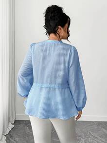 Elenzga Blue Plus Size Striped Woven Blouse Featuring Notched Neck Puff Long Sleeves And Flared Ruffle Hem For Casual Style Fall - Blue - View 3