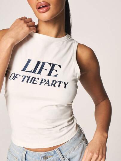 MISSGUIDED 派对达人罗纹背心，圆领无袖，正面印有文字