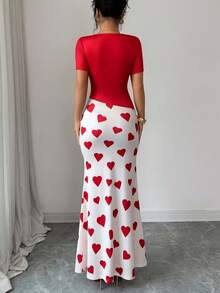 Rafferiza Elegant röd damklänning med hjärtmönster och långärmad asymmetrisk halsringning för alla hjärtans dag-dejt - Röd - Visa 2