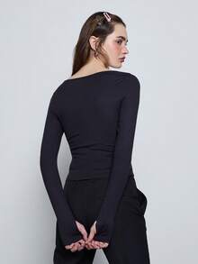 COUREZ Deep V Fitted Long Sleeve Top /Y2K Winter Clothes For Women Casual Top Workwear For Women Going Out Tops Party New Years Fall Winter Casual Wear Jersey Top