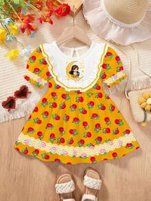 SHEIN 女婴休闲可爱卡通女孩，酒红色玫瑰，节日，淑女公主风，圆领灯笼袖收腰连衣裙，适合春夏穿着，适合节日和外出活动 - 白色 - 查看 2