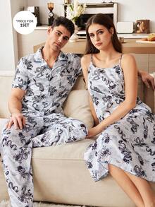 Manfinity Conjunto de pijama para hombre con cuello de seda sintética con estampado de dragón y nubes al contraste, estilo chino - Negro - Ver 1