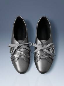 CUCCOO GRLICON Women's Lace-Up Buckle Rivet Flat Loafers Valentine's Day - Dark Grey - View 2