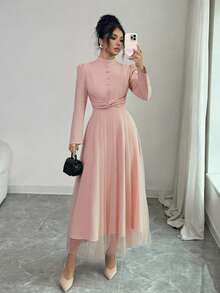 SHEIN Elenzya Damen Midi-Kleid mit Stehkragen, Langarm, Knopfverzierung, Taillentwist, Rüschen, Mesh-Einsätzen und elegantem Taillenbund für Partys Einfarbig - Pink - Übersicht 3
