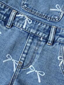 SHEIN Young Girl Bow Print Denim Bib Pants, Suitable For Easter, Spring Festivals, Children's Day, Back To School Season - Medium Wash - View 7