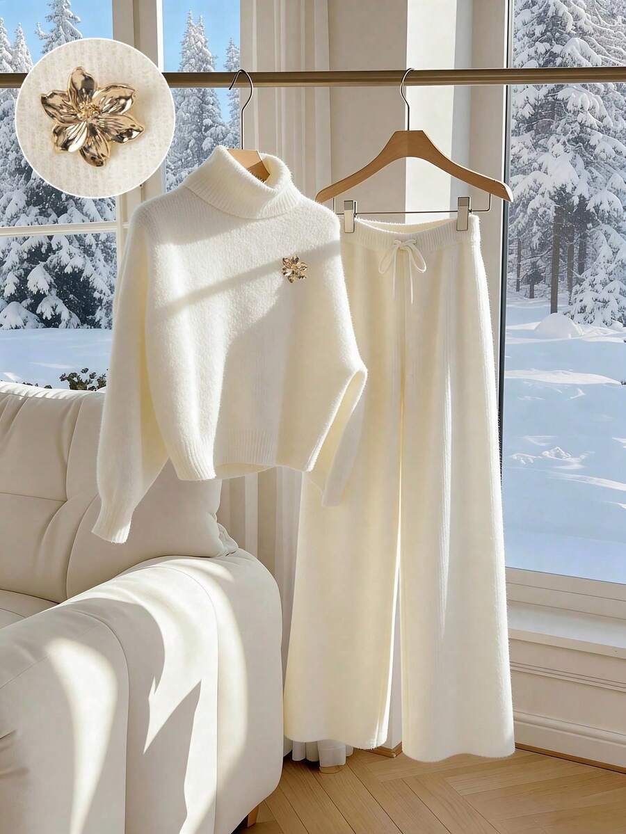 GlowEve CURVE Autumn/Winter New Stylish And Versatile Faux Fur Trim Floral Metal Button Loose Long Sleeve Sweater Paired With Elastic Waist Relaxed Straight Leg Knit Pants Women 2 Pieces Set