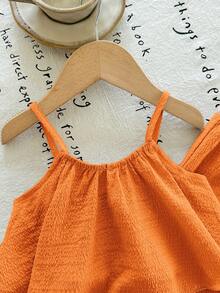 SHEIN LMoss Kids 2件套女婴纯色无袖背心和宽松休闲裤套装 - 橘色 - 查看 6