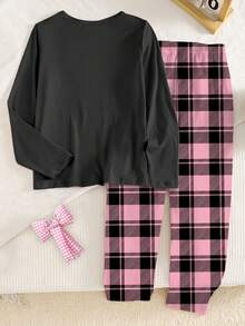 SHEIN Explorewe 1set Teen Girls Pajamas, 67 Number & Bow Print Knit Long Sleeve Top Paired With Plaid Print Pants, 2pcs Loungewear Set - Black - View 2